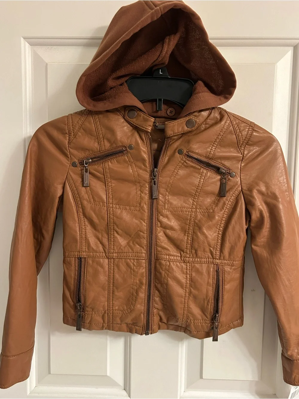 NWT-Girls Hooded Mocha Faux Leather Moto Jacket - Tan